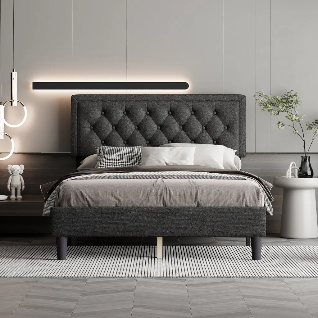 Full Size Panel Bed Frame Button Tufted Headboard Customizable sarkozy