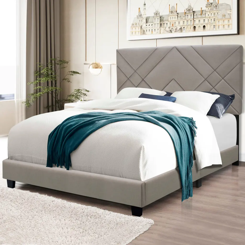 Beige Queen Dimensions Customizable Upholstered Bed Frame Stain Resistant Clean Fabric Bed serene home