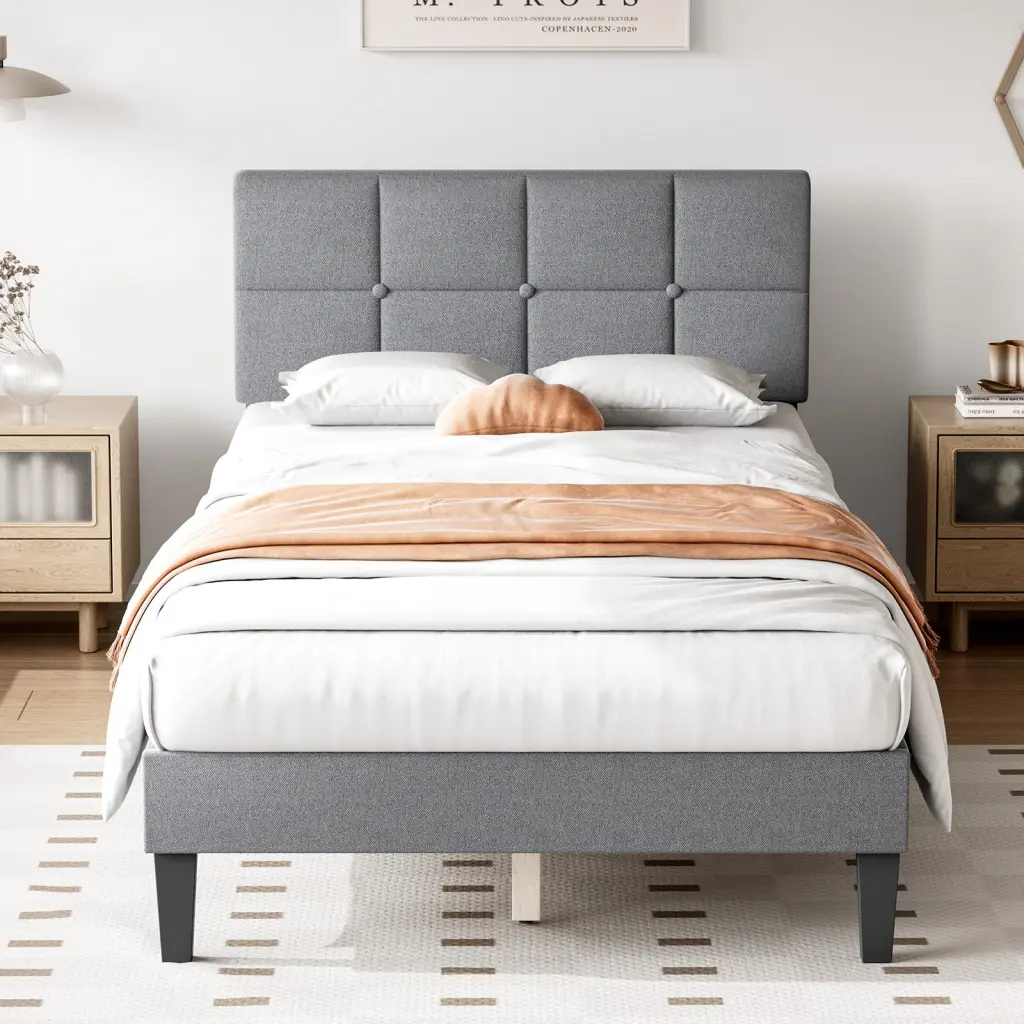 Queen Size Linen Upholstered Platform Bed Frame Headboard No Box Spring Needed w2201