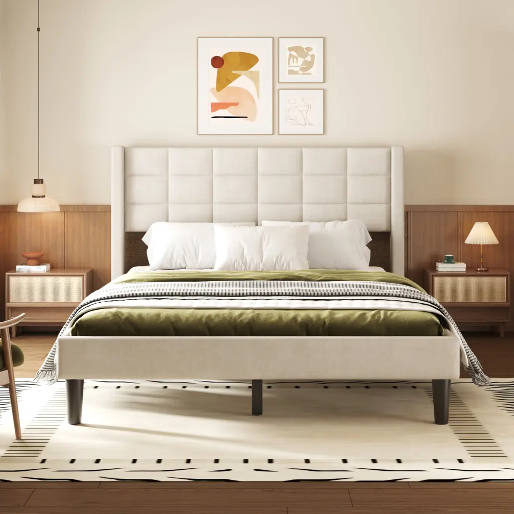 Queen Dimensions Upholstered Platform Bed Assistance Legs, Beige Box Spring wm dreamland