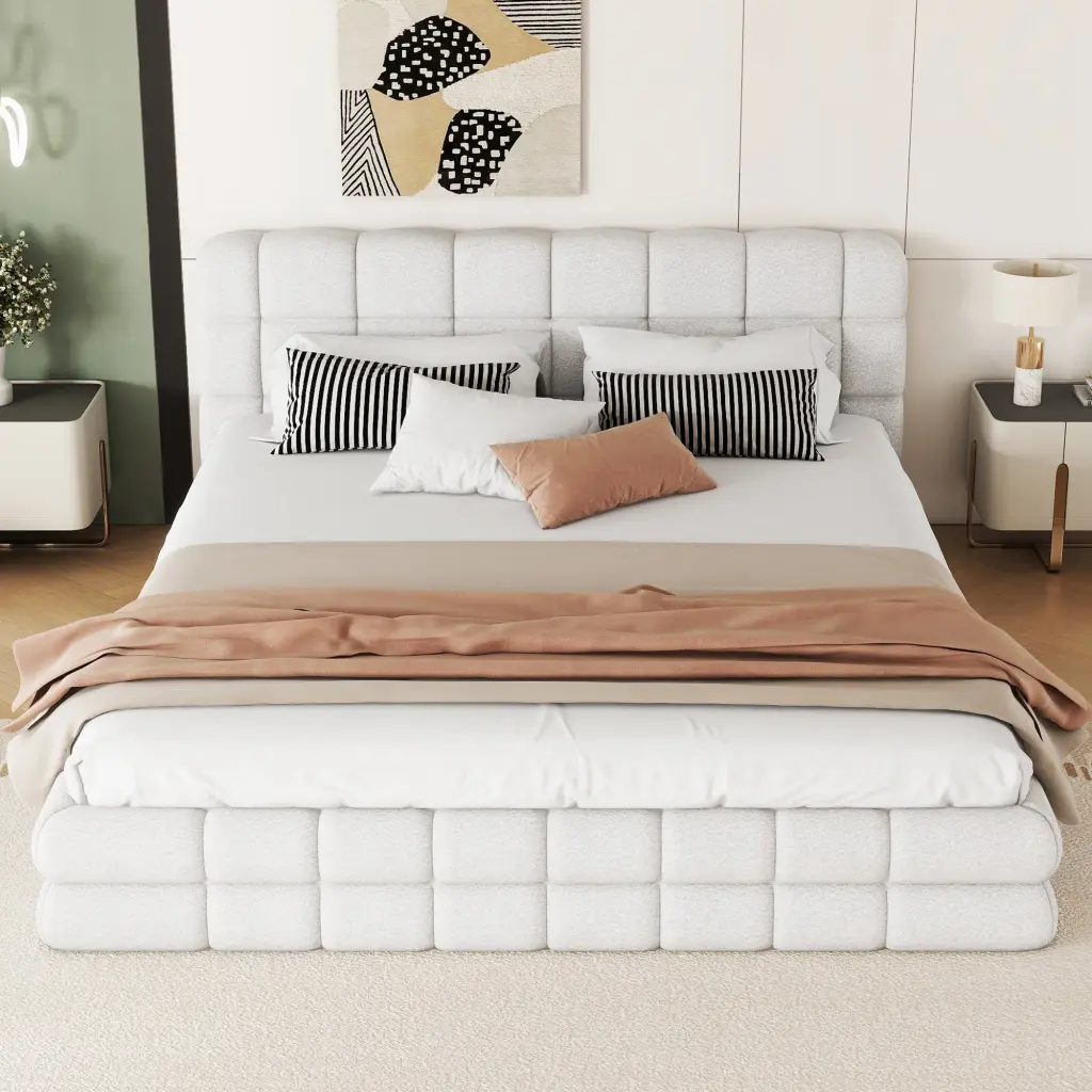 Queen Size Upholstered Platform Bed White No Box Spring Required wm dreamland