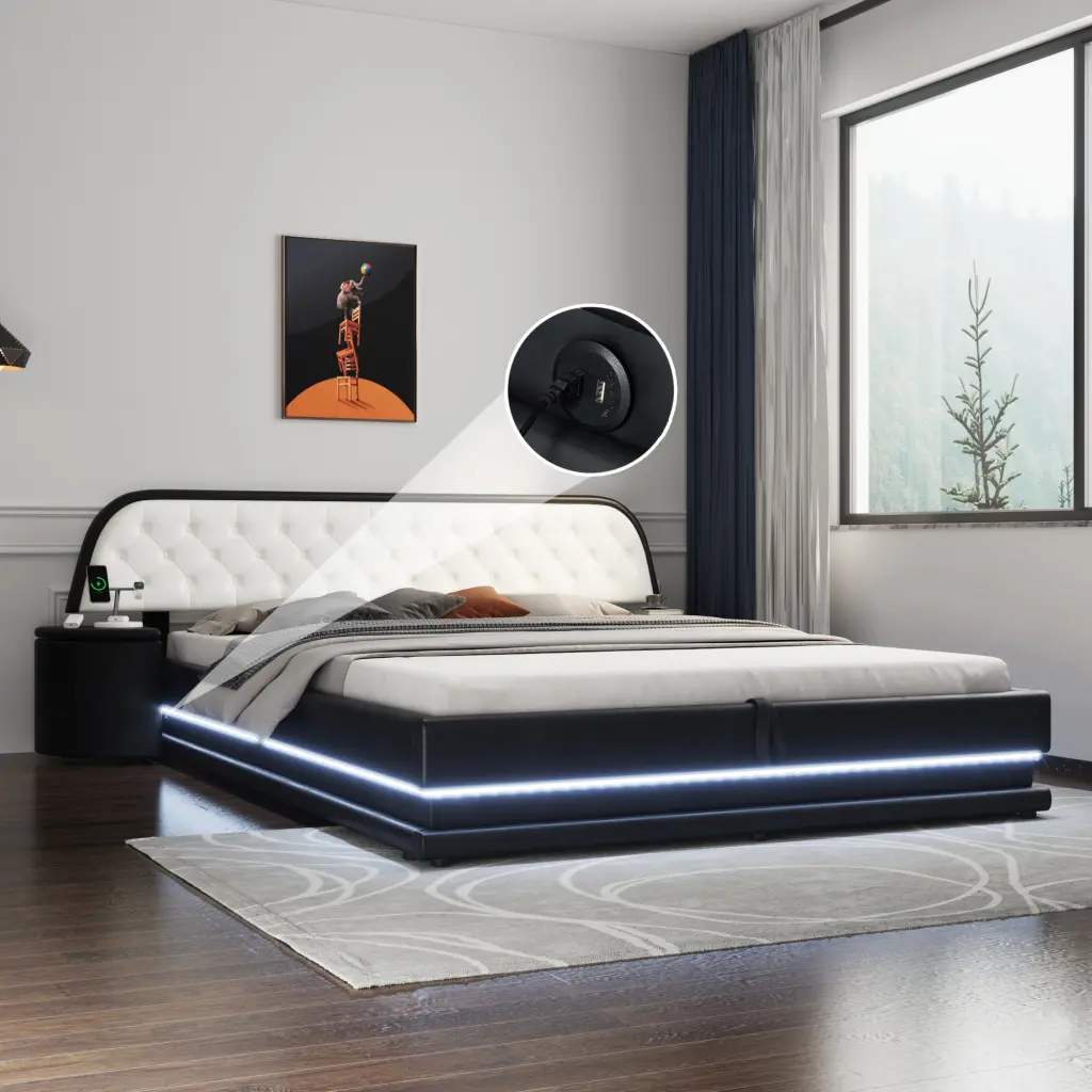 Queen Upholstered Tufted Hydraulic Platform Bed 2 Nightstands wm dreamland