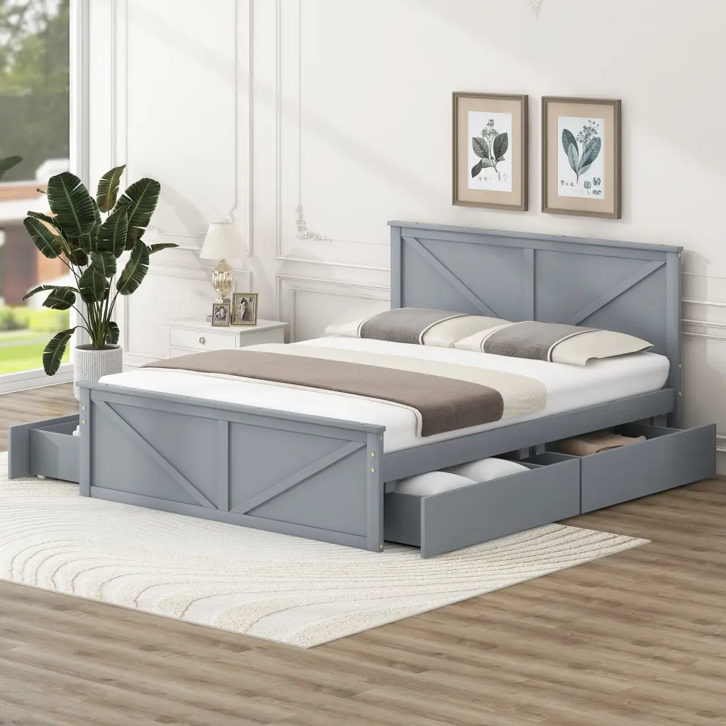 Queen Wooden Platform Bed Four Storage Drawers wm store