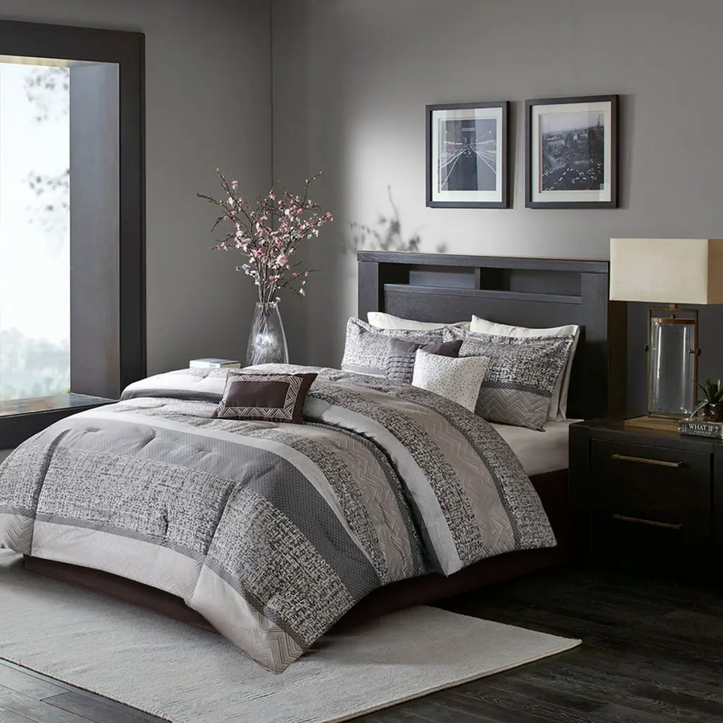 7 Piece Jacquard Easeer Set Grey Taupe King Polyester Bedding Collection jla