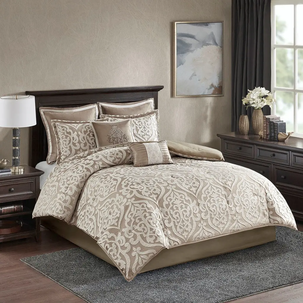 8 Piece Jacquard Easeer Set Tan Ivory King Polyester Bedding Collection jla