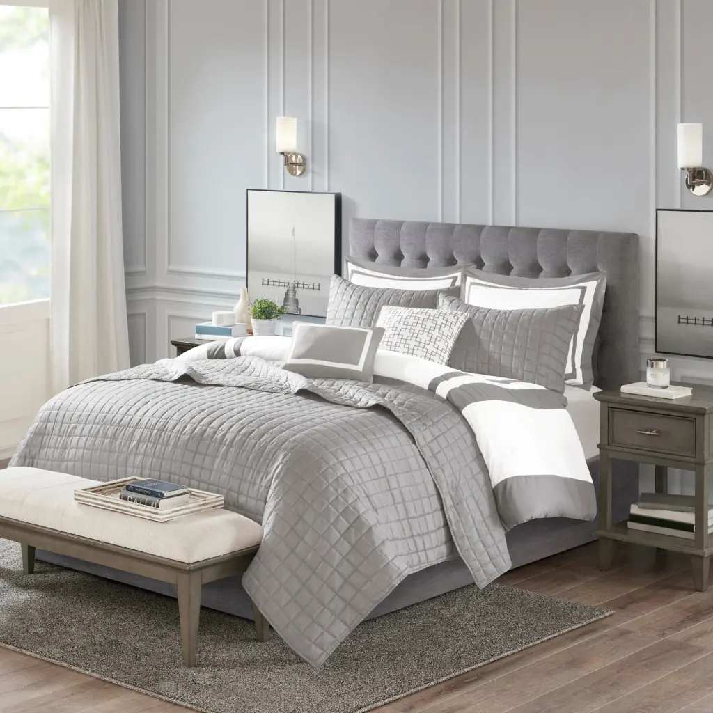 8 Piece Easeer And Quilt Set Gatherion Grey King Cal King Cotton Bedding jla