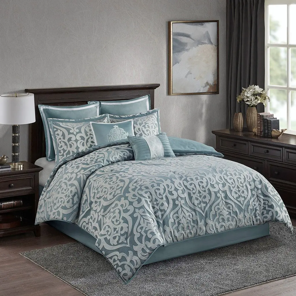 8 Piece Jacquard Easeer Set Aqua Silver King Size Polyester Bedding jla