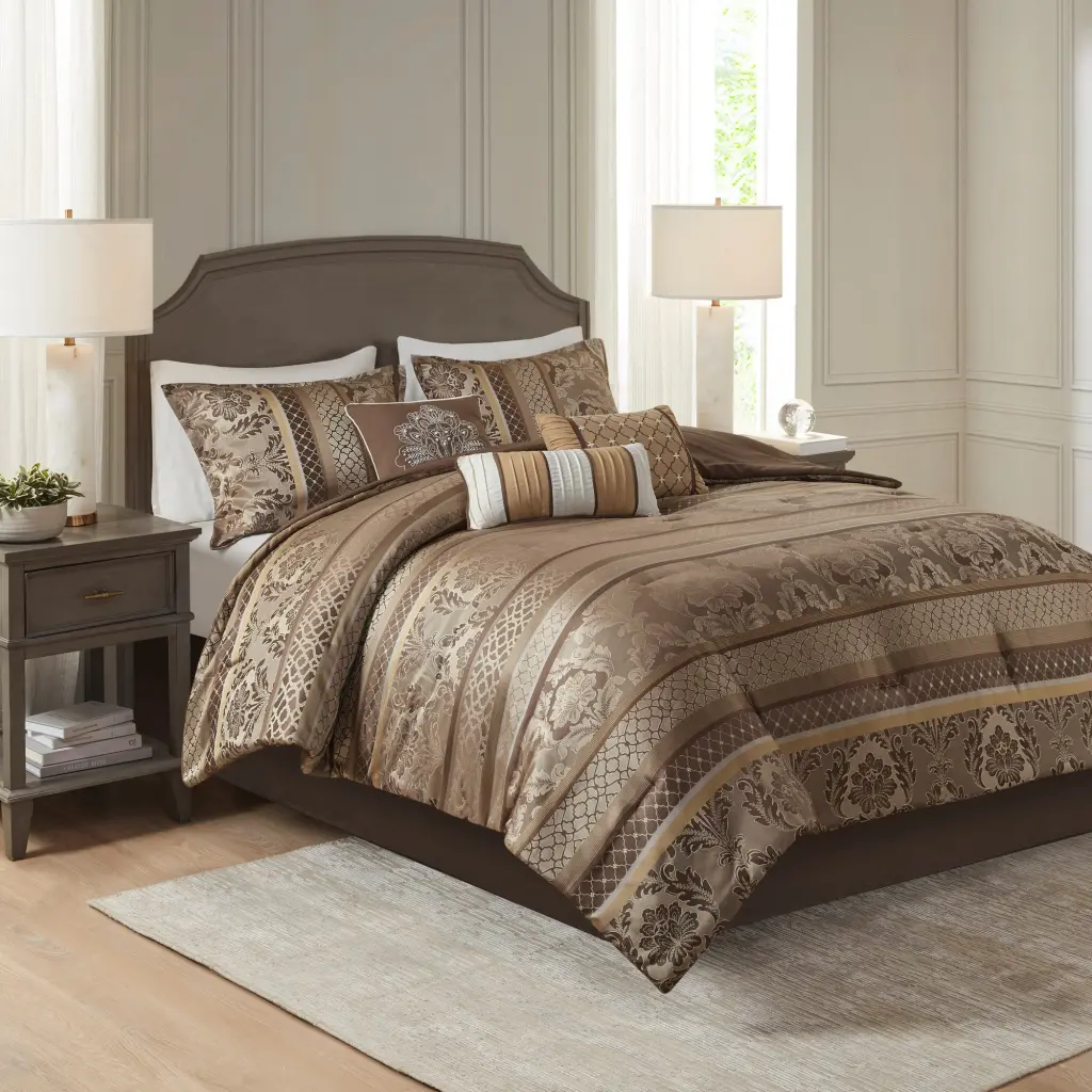 7 Piece Jacquard Easeer Set Brown Gold King Size Polyester Bedding jla