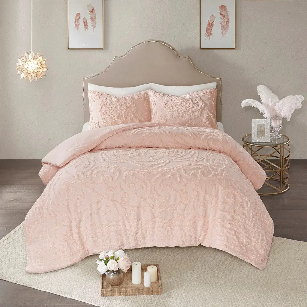 3 Piece Tufted Cotton Chenille Medallion Easeer Set Blush King Beds jla