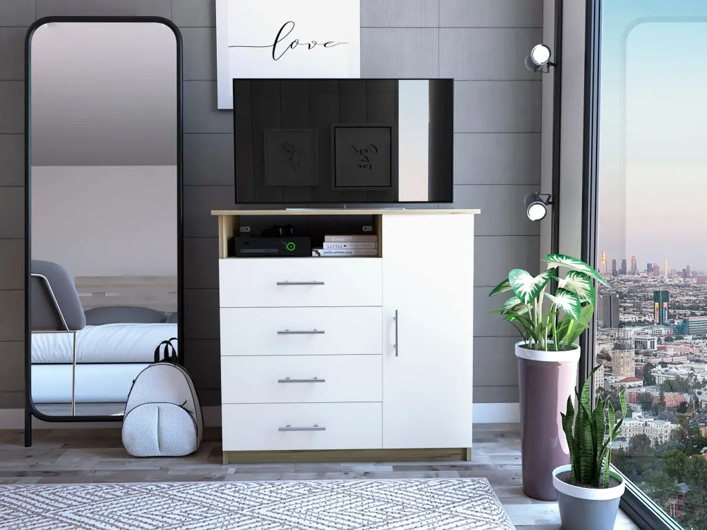 Baylon 4 Drawer 1 Shelf White Particle Board Dresser Bedroom furniture max
