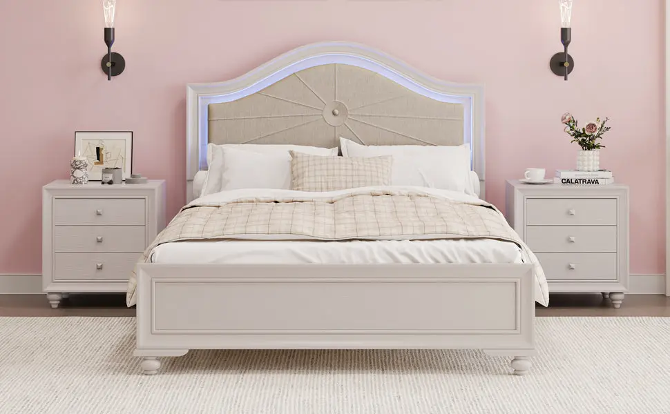 3 Pieces Bedroom Sets Queen Size Wood Bed Hidden LED Light Upholstered bed best