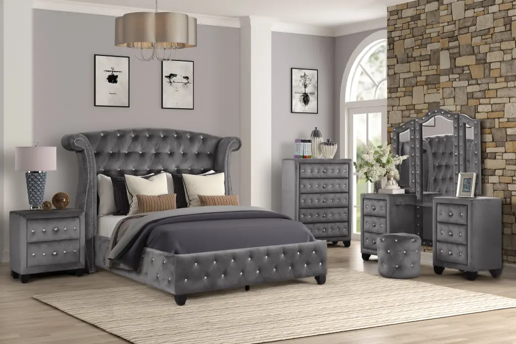 King 5 Pc Vanity Upholstery Bedroom Set Timber Gray Box Spring Bed galaxy home furnishings