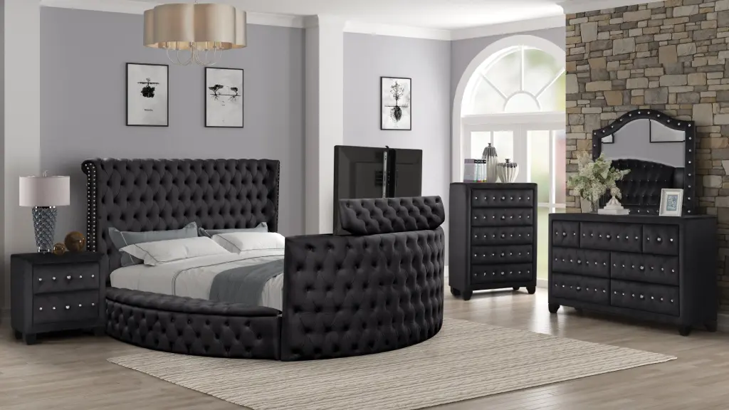 Modern Style Glass Tufted King 5 Piece Bedroom Set Black Box Timber galaxy home furnishings
