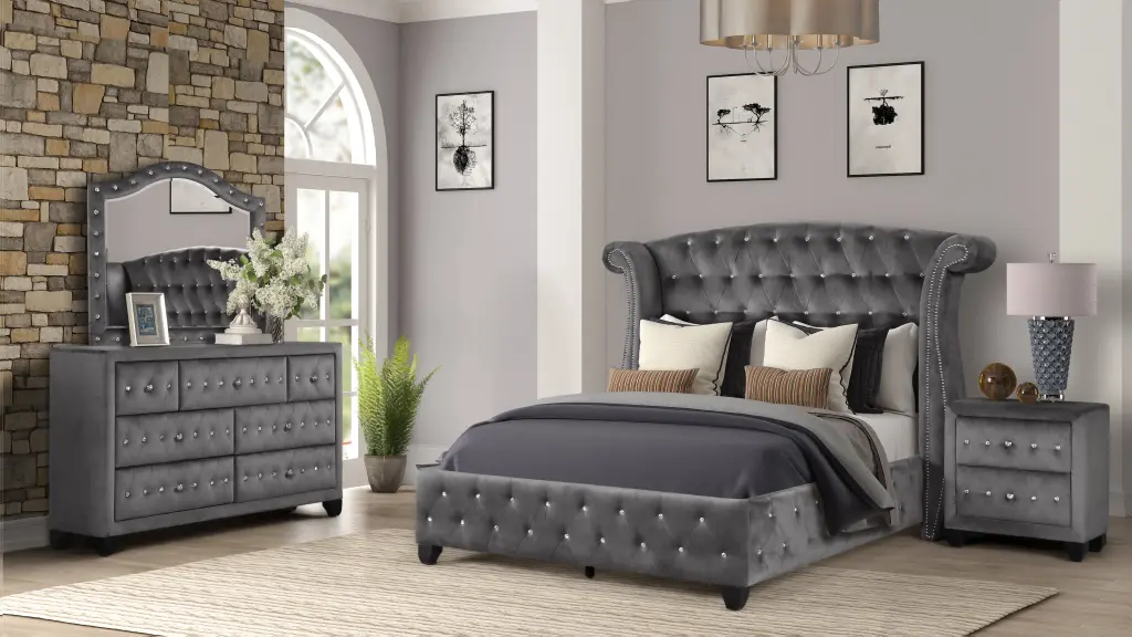 Modern Style Glass Tufted King 4 Piece Bedroom Set Nightstands galaxy home furnishings