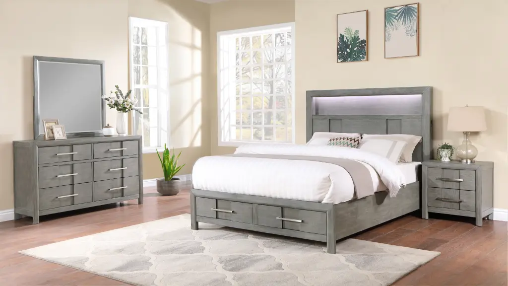 Modern Style King 4Pc Storage Bedroom Set Timber Led Headboard Bed Frame galaxy home furnishings