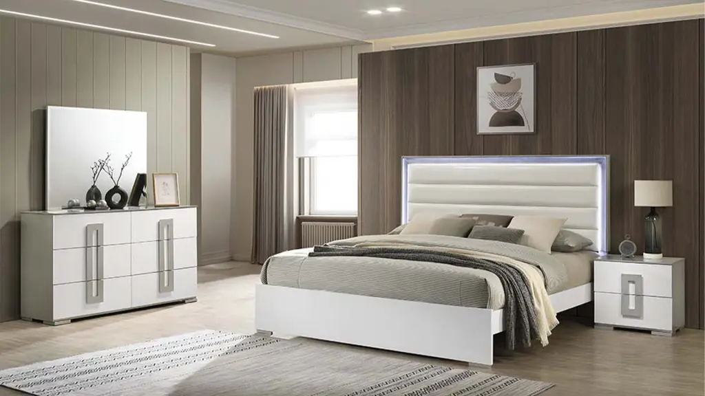 Olivia Contemporary Style 4 Piece King Bedroom Set LED Headboard Modern galaxy home furnishings