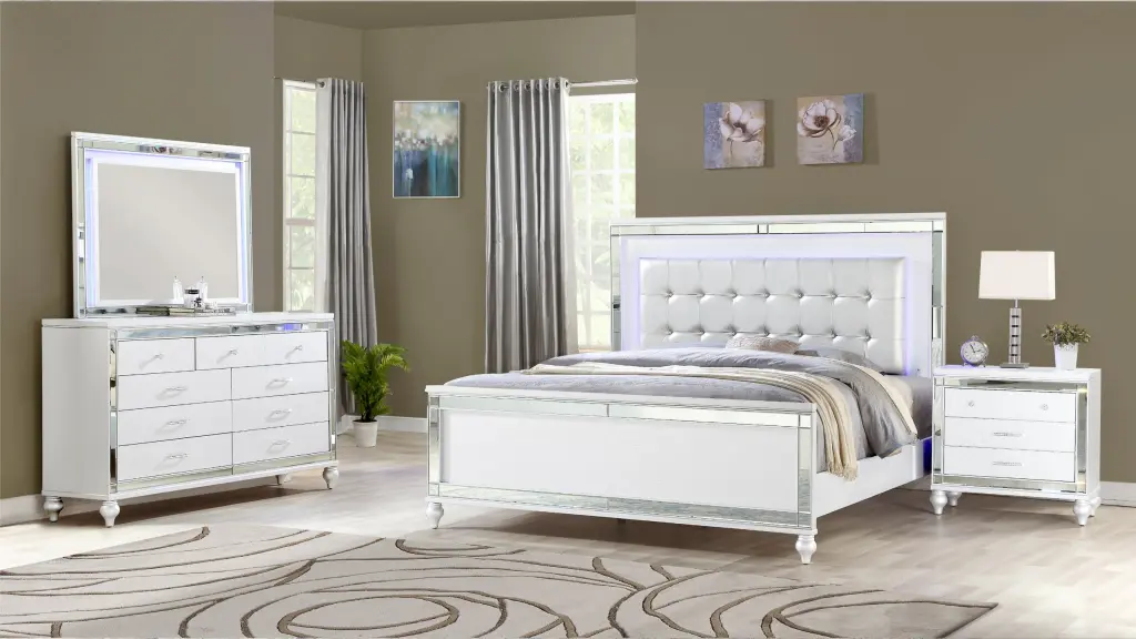 Sterling King 4 Piece LED Bedroom Set White Timber Finish galaxy home furnishings