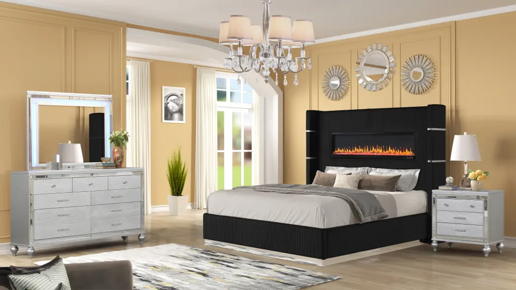Upholstered Timber Queen 4 Piece Bedroom Set Ambient Lighting Black galaxy home furnishings