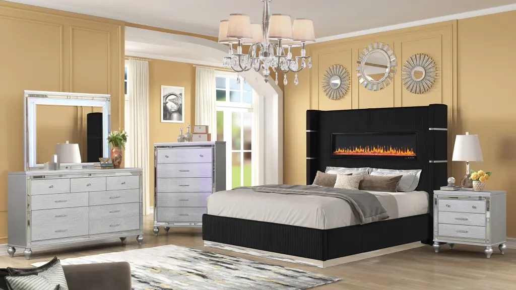 Upholstered Wooden King 5 Piece Bedroom Set Ambient Lighting Black galaxy home furnishings
