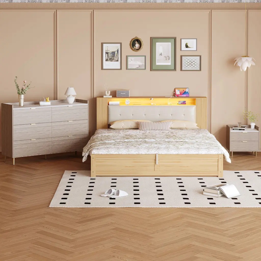 3-Piece Queen Size Bedroom Set Tufted Upholstered Platform Bed and Nightstands homey life