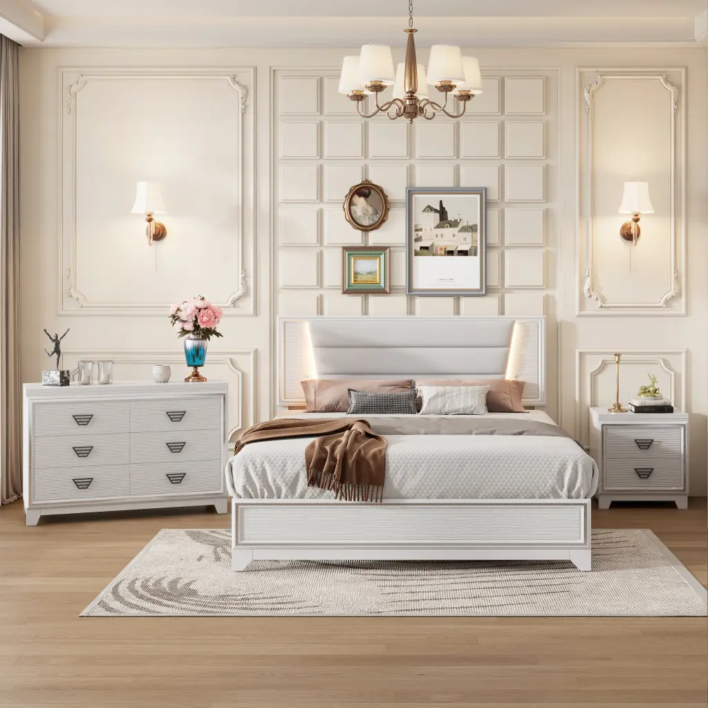 3 Piece Bedroom Set Queen Size Upholstered Bed LED Lights Nightstand Dresser homey life
