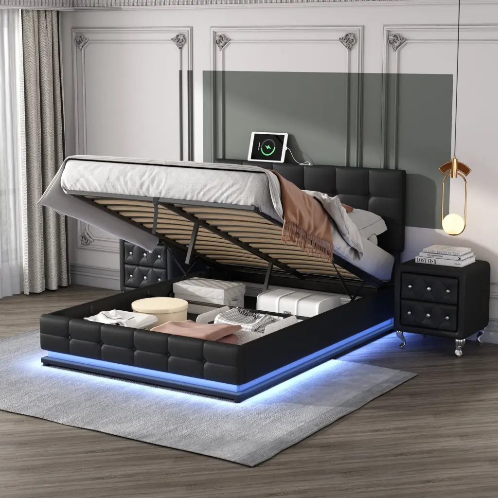 3 Piece Queen Bedroom Set Upholstered LED Bed and Hydraulic Storage homey life