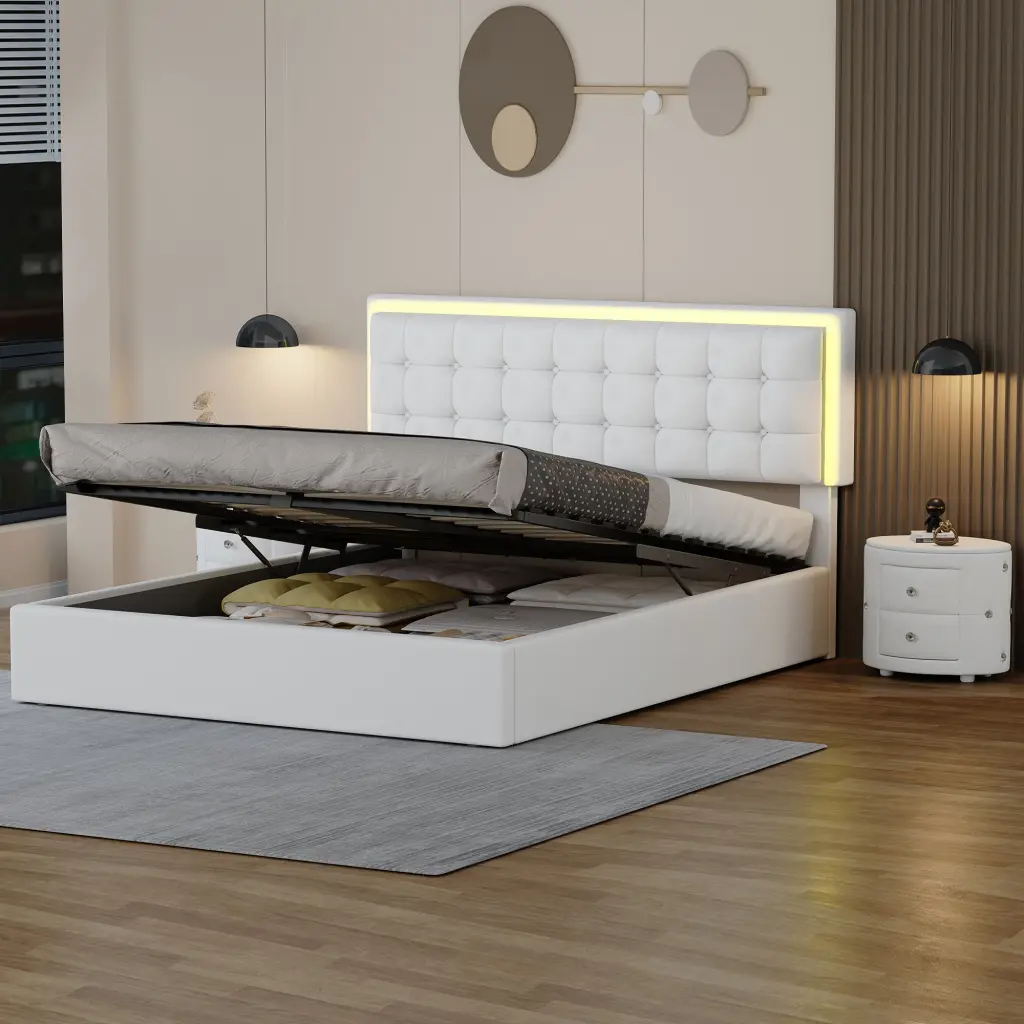3 Piece Queen Size Bedroom Set Upholstered Bed and LED Lights homey life