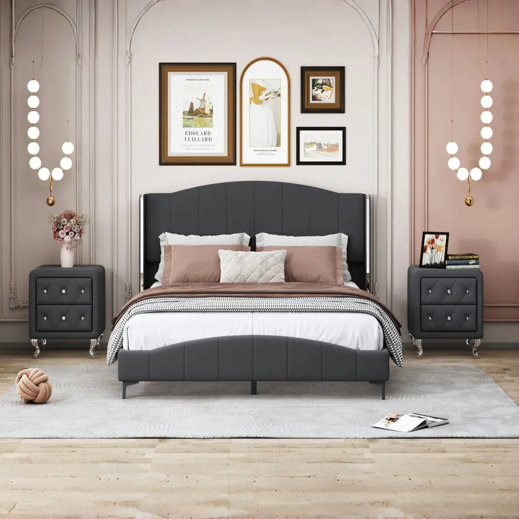 3 Pieces Bedroom Set Queen Dimensions Pu Leather Upholstered Platform Bed homey life