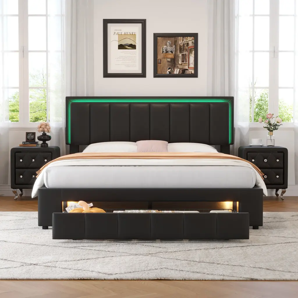3 Pieces Queen Size Upholstered Bedroom Set LED Lights and Tufted Design homey life