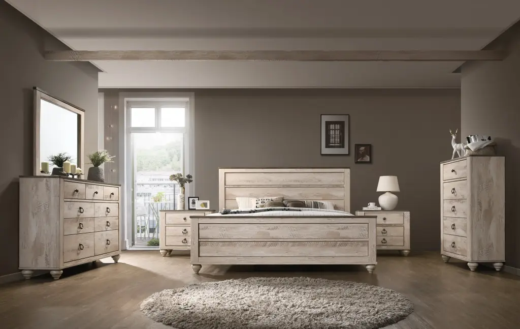 Imerland Contemporary White Wash Finish 6 Piece King Bedroom Set hz