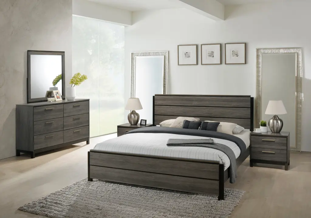 Ioana Antique Grey Timber 5 Piece King Bedroom Set Dresser and Mirror hz