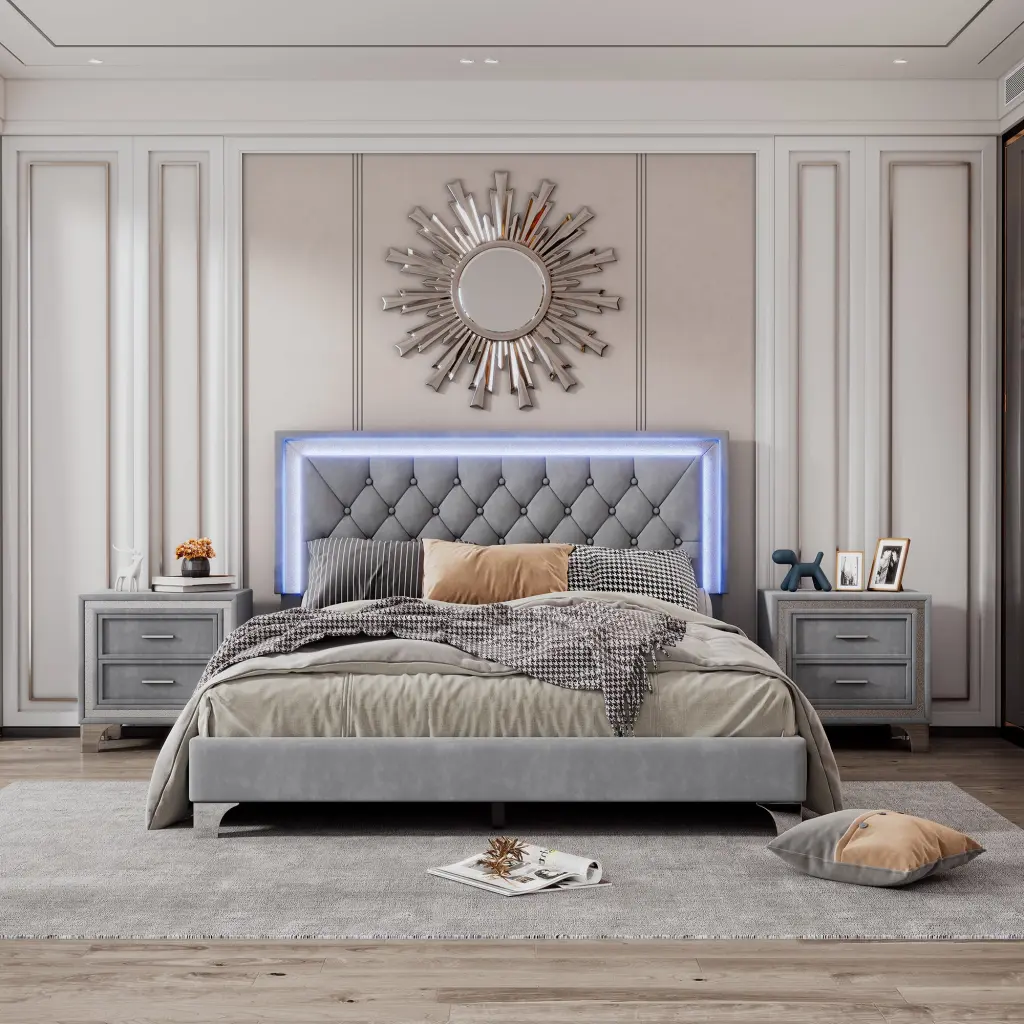 3 Piece Queen Size Bedroom Set - Upholstered Platform Bed LED Lights rnb