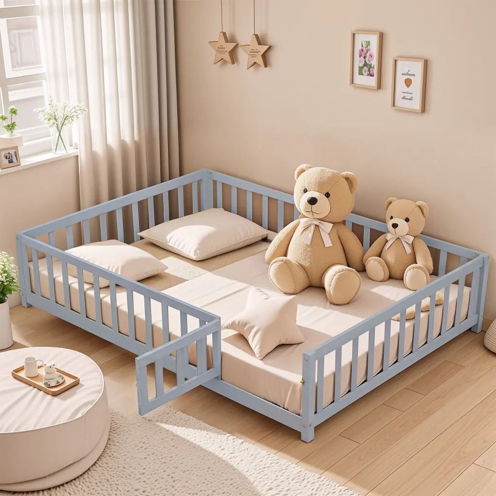 Full Size Floor Platform Bed Fence and Door Kids Montessori junbed