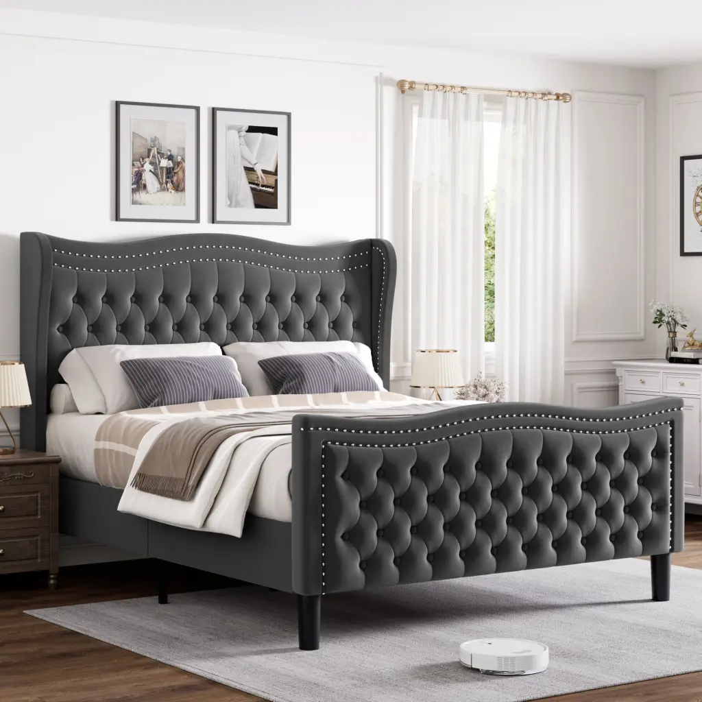 Lift Up Velvet Gray Queen Dimensions Bed Box Spring Not Required Queen Size Storage Bed aobang furniture