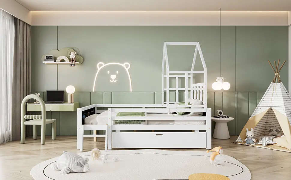 Full Dimensions House Bed Ladder and Storage Drawers - Kids Bedroom artistry at home