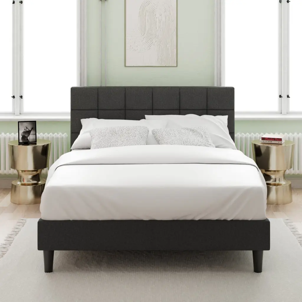 Upholstered Platform Bed Square Stitch Queen Grey Timber Modern Bedroom Furniture b2711