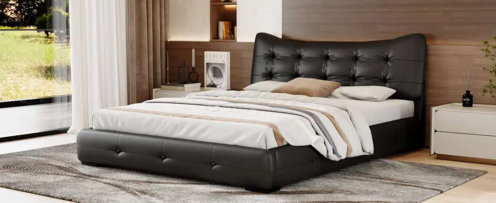 Modern PU Upholstered Queen Bed Comfort Fit Wingback Headboard Luxury Bedroom Furniture bed best