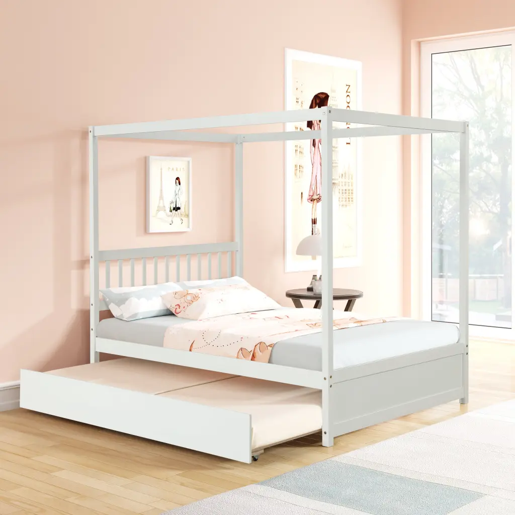 Full Size Canopy Bed Twin Trundle Kids Solid Wood Platform Bed Frame fangxing
