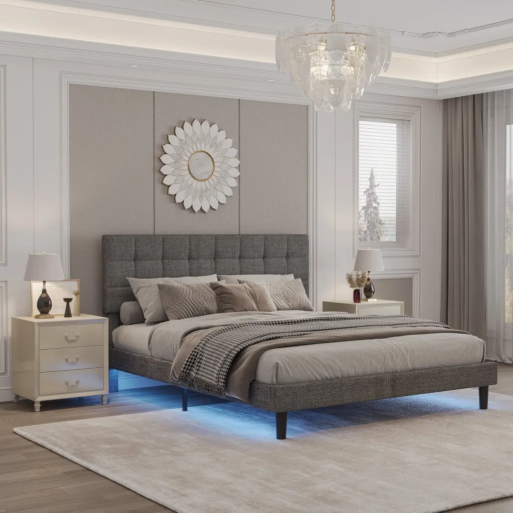 Queen Dimensions Upholstered Platform Bed Linen Bed Frame Lights Square Headboard first choice products