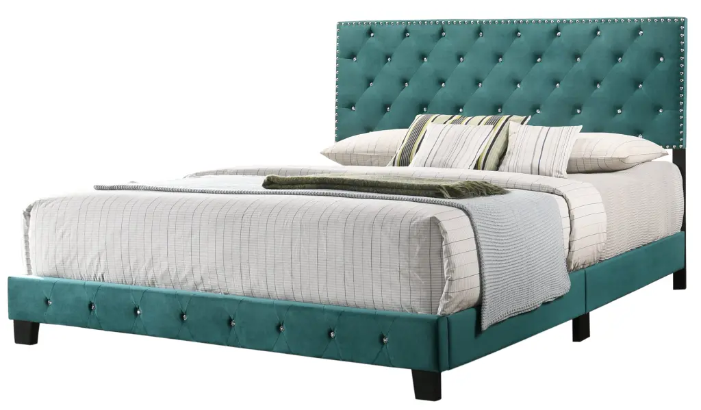 Chic King Bed Green Foam Velvet Upholstered Bed Frame Modern Bedroom glory furniture