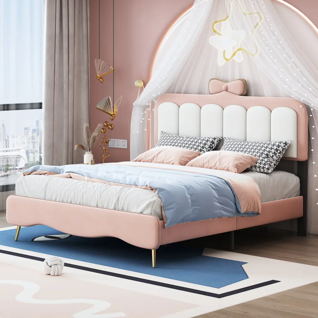 Full Size Velvet Princess Bed Bow Knot Headboard - Elegant Platform Bed homey life