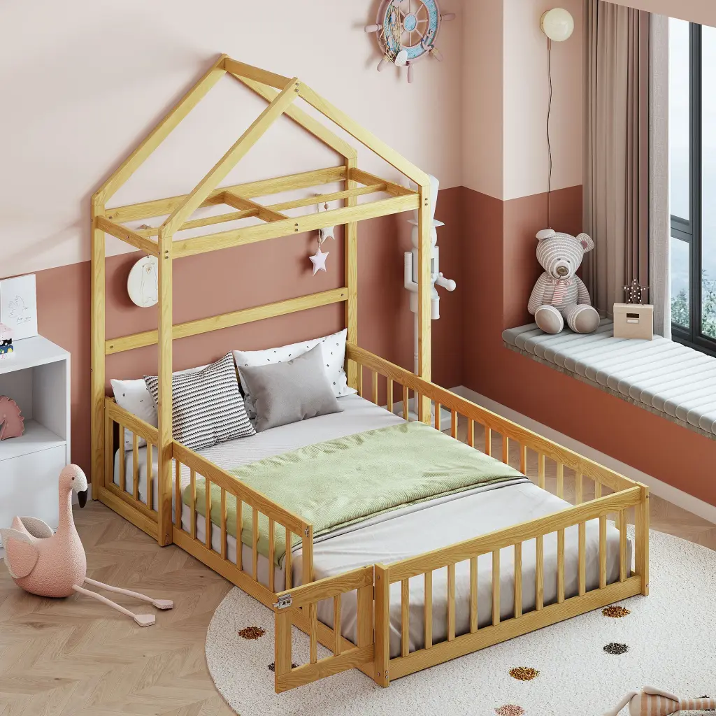 Wooden Floor Bed Fence Railings And Detachable Headboard Kids Bed homey life