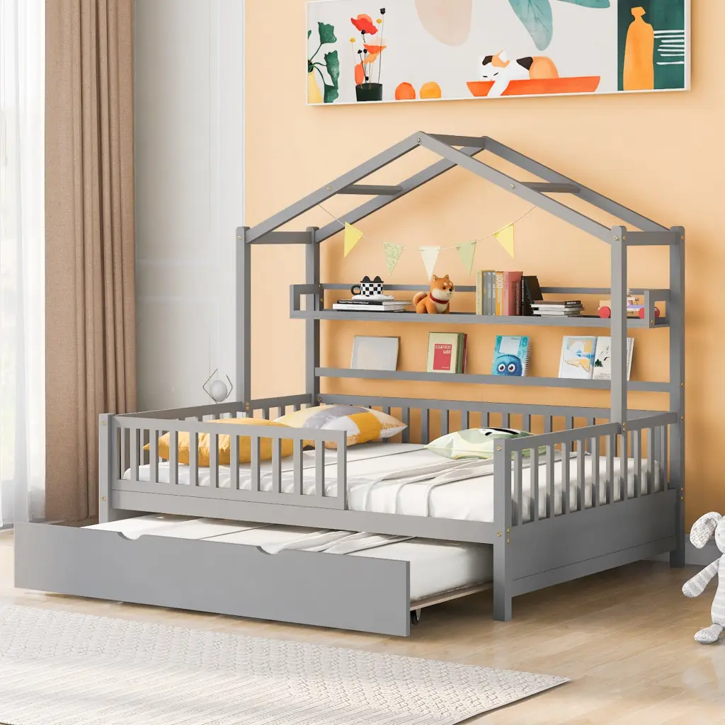 Wooden Full Size Houtilize Bed Twin Size Trundle Kids Bed Shelf homey life