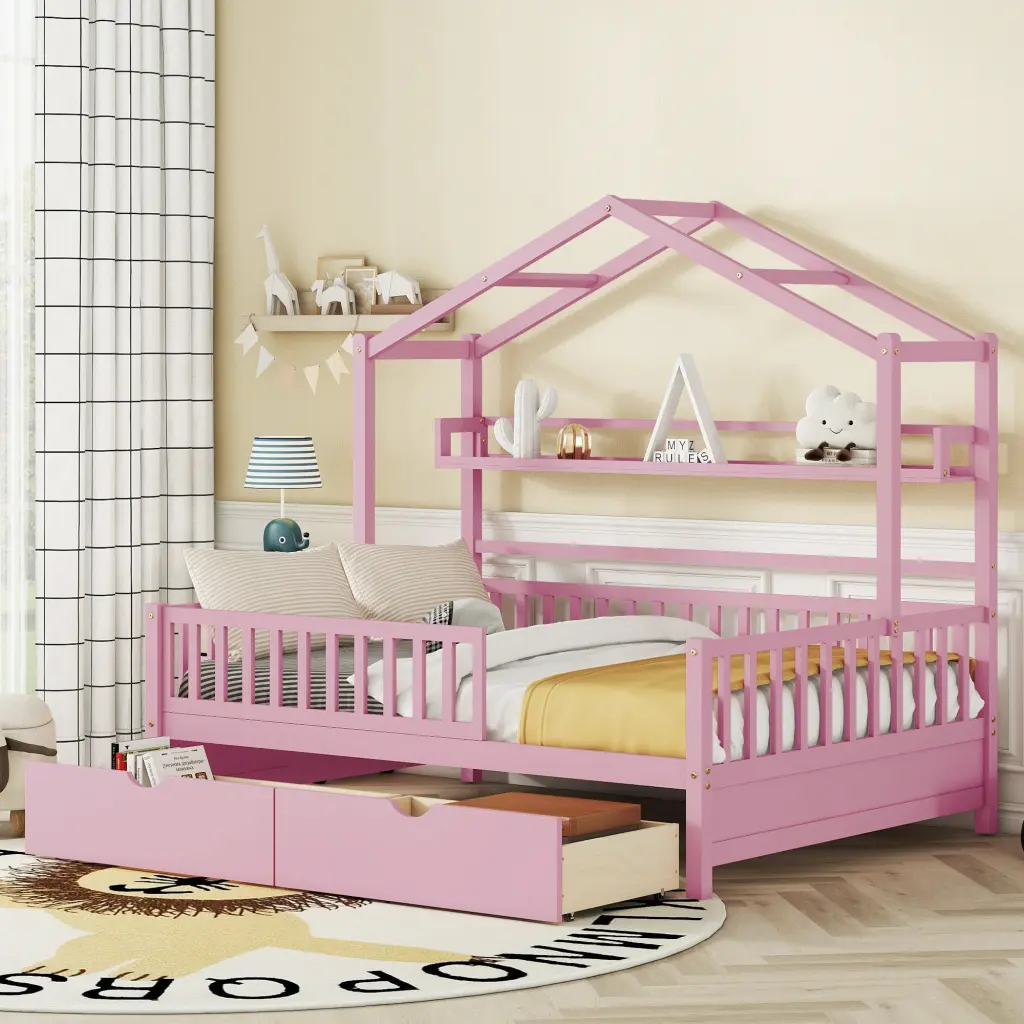 Wooden Full Size Kids Bed 2 Storage Drawers and Shelf homey life
