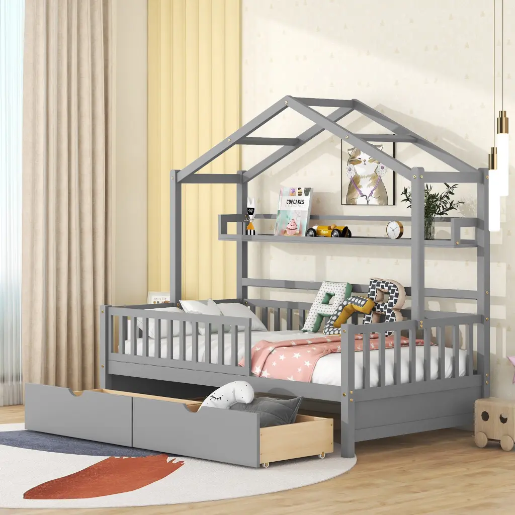 Wooden Twin Size House Bed 2 Drawers and Storage Shelf Kids homey life