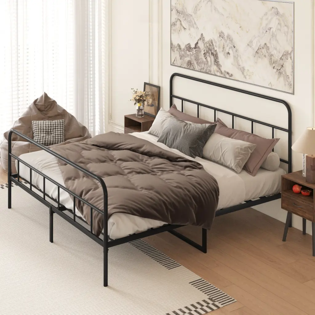 Metal Platform Bed Frame Headboard Robust No Box Spring Required hs furniture