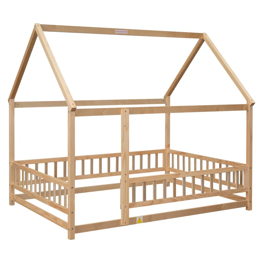 Full Floor Wooden Bed Houtilize Roof Frame and Fence Guardrails Kids inspired spaces
