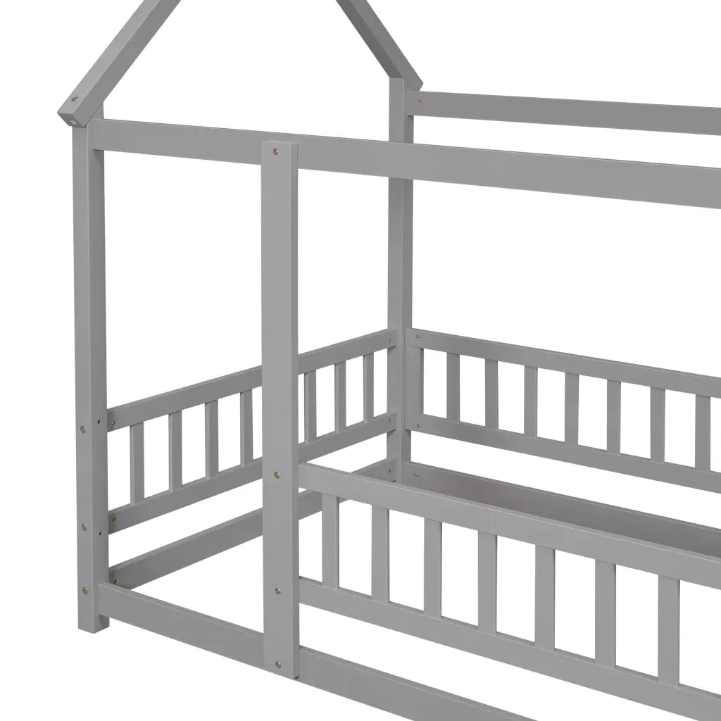 Twin Size Floor Wooden Bed Houtilize Roof Frame Fence Guardrails Green inspirit