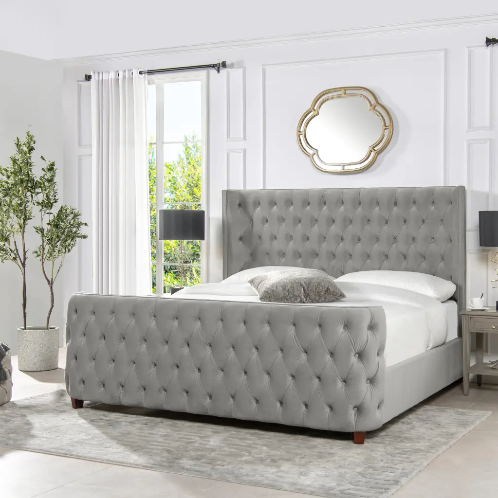 Brooklyn King Size Tufted Panel Bed Headboard and Footboard Opal Grey jennifer taylor home