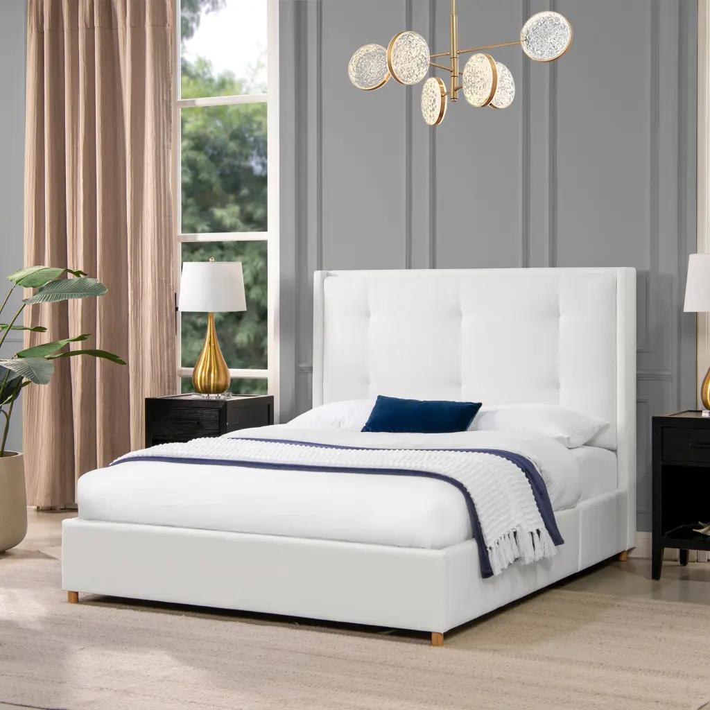 Miramar Queen Cushion Back Headboard Platform Bed Frame Antique White jennifer taylor home